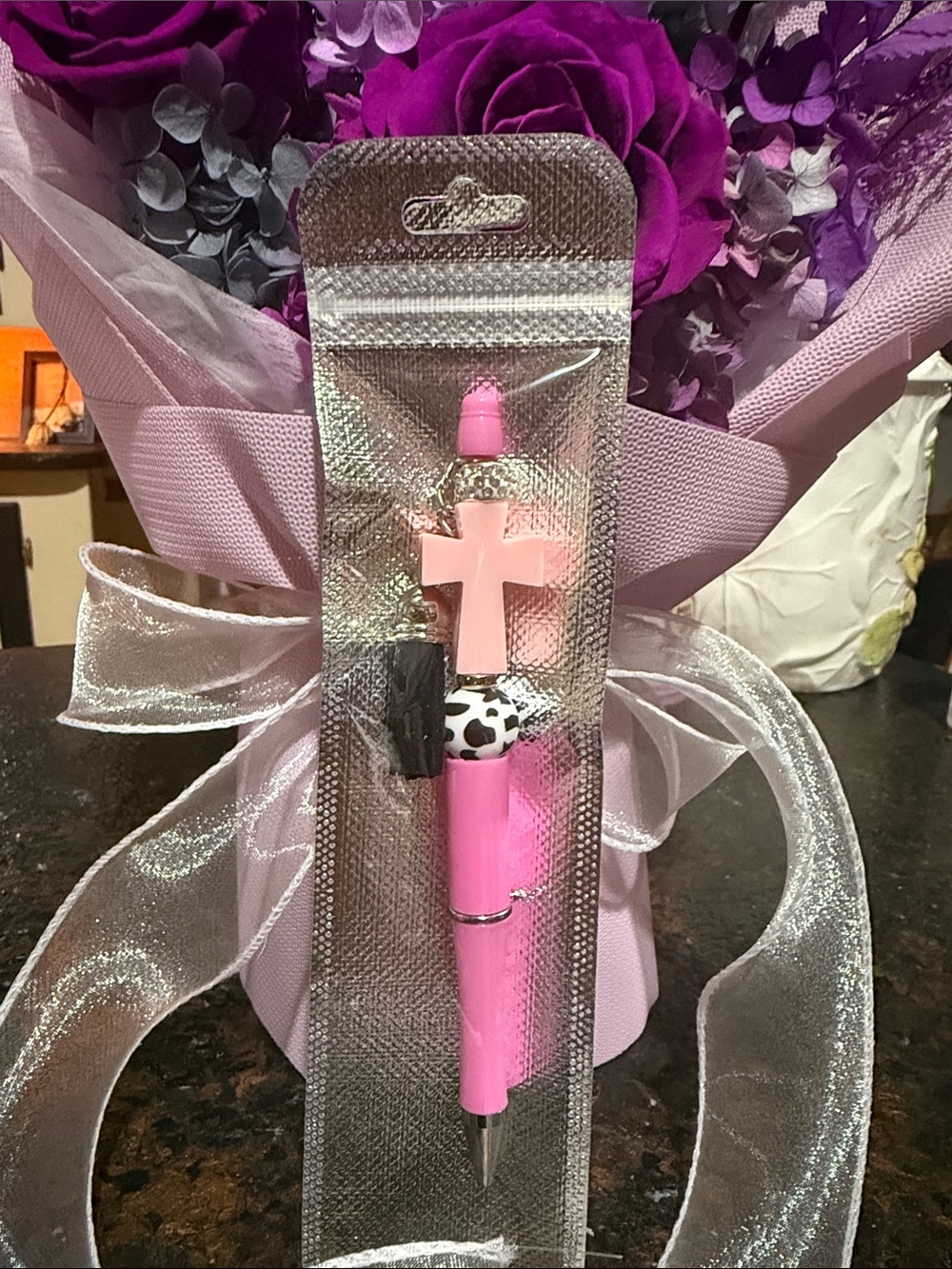 Pink Cross Top Ballpoint Pen with Cow-Print Bead